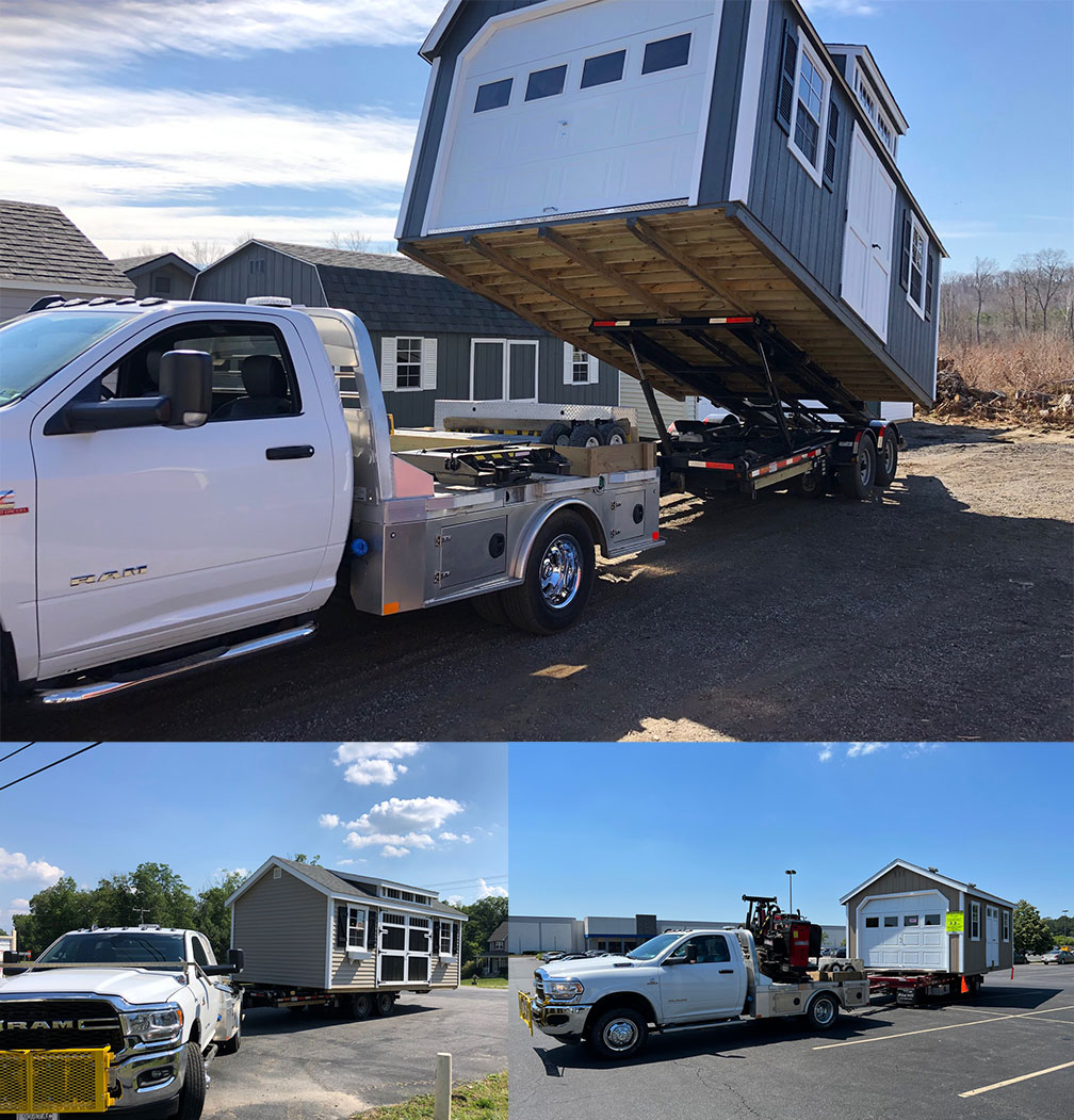 Composite image showing sheds being moved on trailers in Virginia